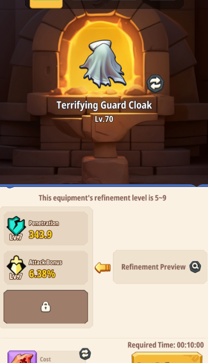The Refining Furnace: Lv.70 Cloak in progress (range 5~9), cost of 1 basic stone, and 10:00 incubation timer.