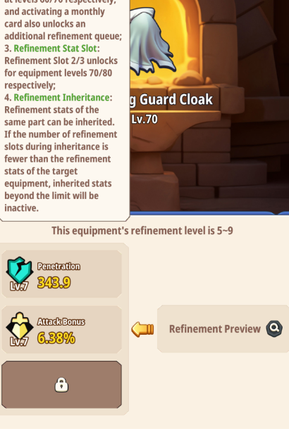 In-game help pop-up ℹ️: Lv.50+ requirement, queues 2, 3 & 4 unlock, slots 2 & 3, and 100% lossless inheritance.