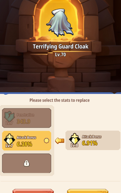Protected roll confirmation: Comparing old roll vs newly forged (Lv.8 Attack +6.91%) with safe Apply or Cancel buttons.