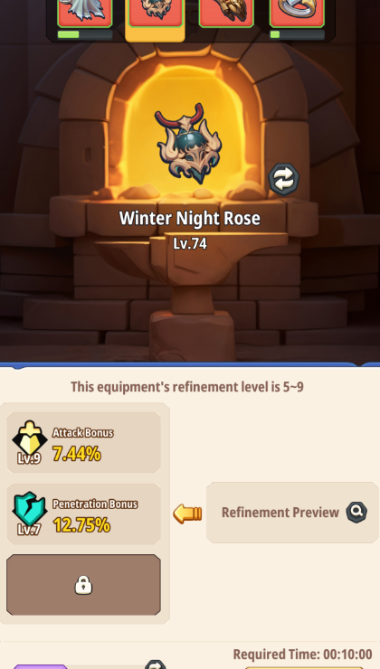 Superior Refinement: Lv.9 God Roll success (+7.44% Attack) and management of up to 4 parallel forge queues.