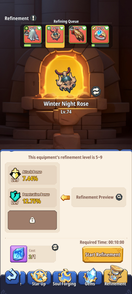 Winter Night Rose Lv.74: Superior Roll Lv.9 (+7.44% ATK) & 4 Active Queues
